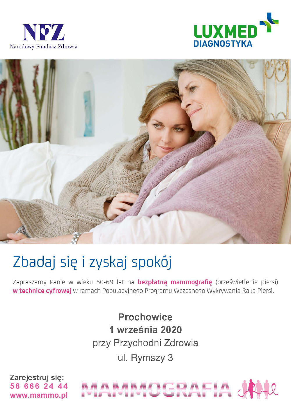 Plakat:Badania mammograficzne w Prochowicach, 1 września 2020