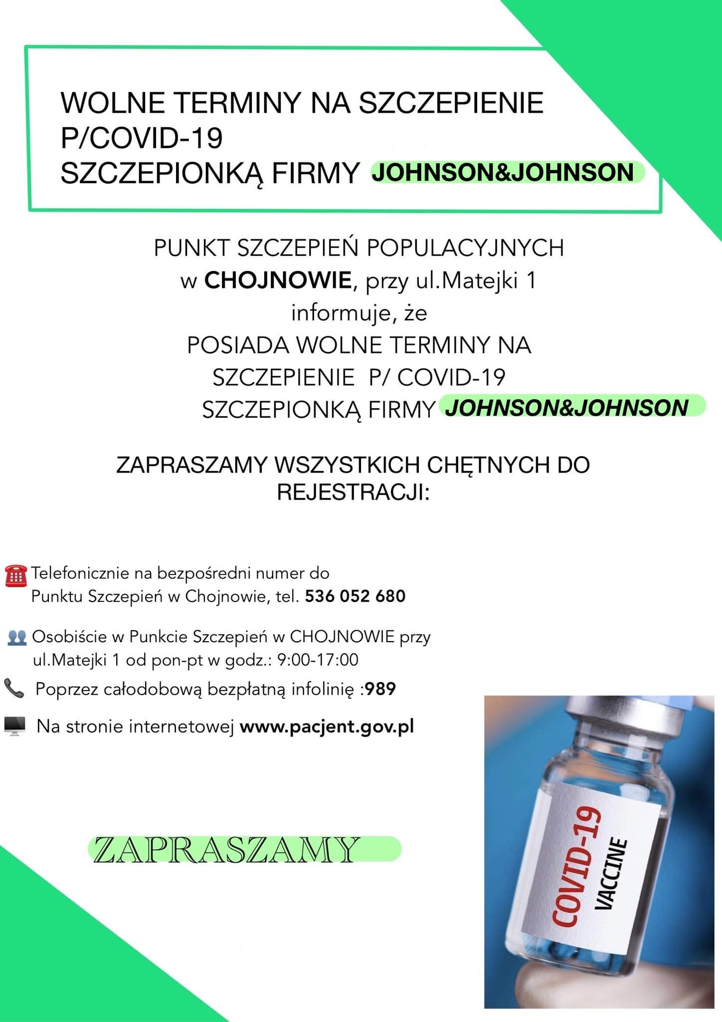 Platakt: Uprzejmie informujemy, że w  Punkt Szczepień Populacyjnych w Chojnowie  (ul. Matejki 1) posiada wolne terminy na szczepienie przeciw Covid-19 jednodawkową szczepionką Johnson & Johnson. 