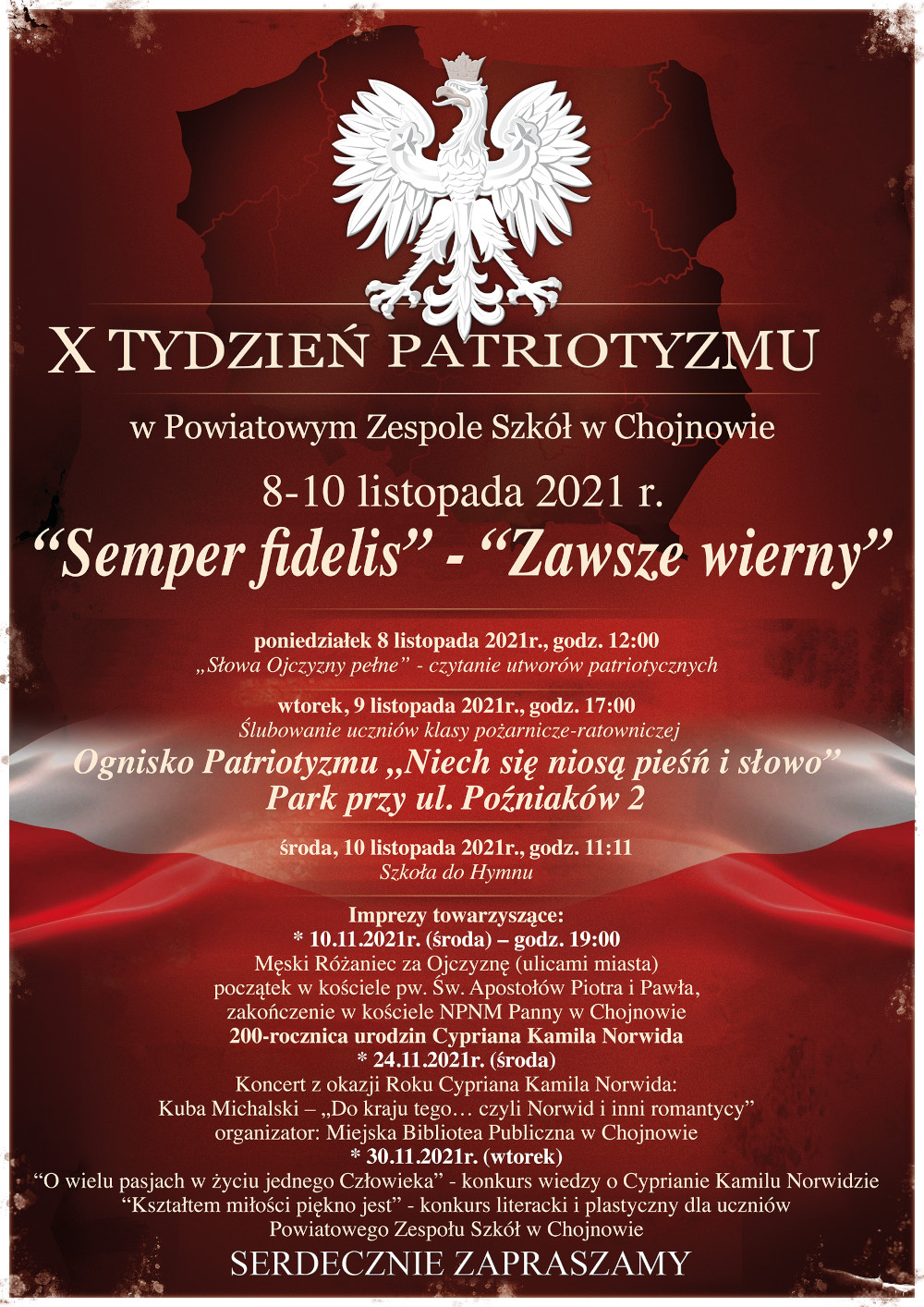 Plakat: X Tydzień Patriotyzmu w Powiatowym Zespole Szkół w Chojnowie