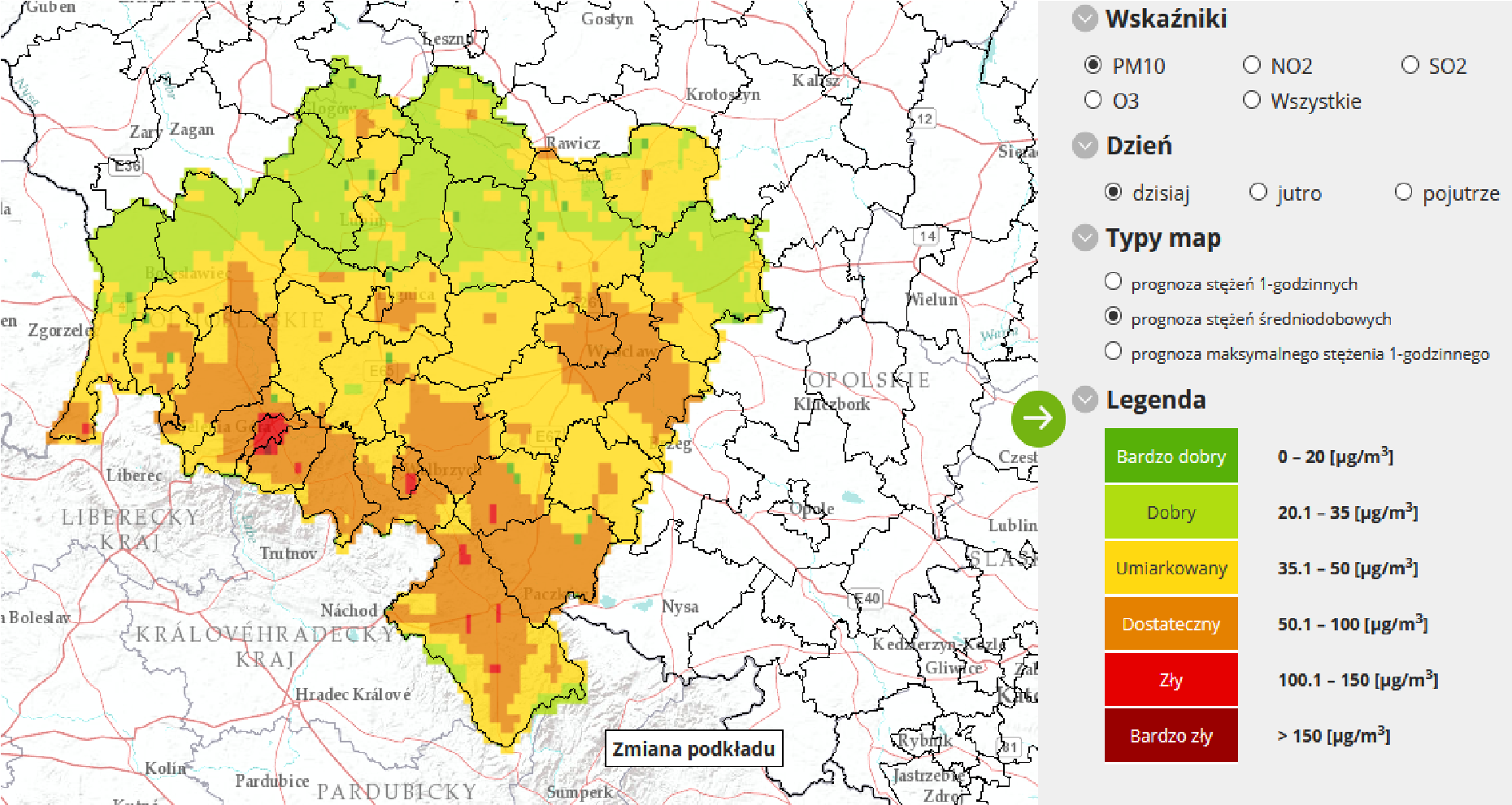 Mapa: Prognoza stężenia pyłów PM-10, Dolnośląskie, 09.02.2021 r.