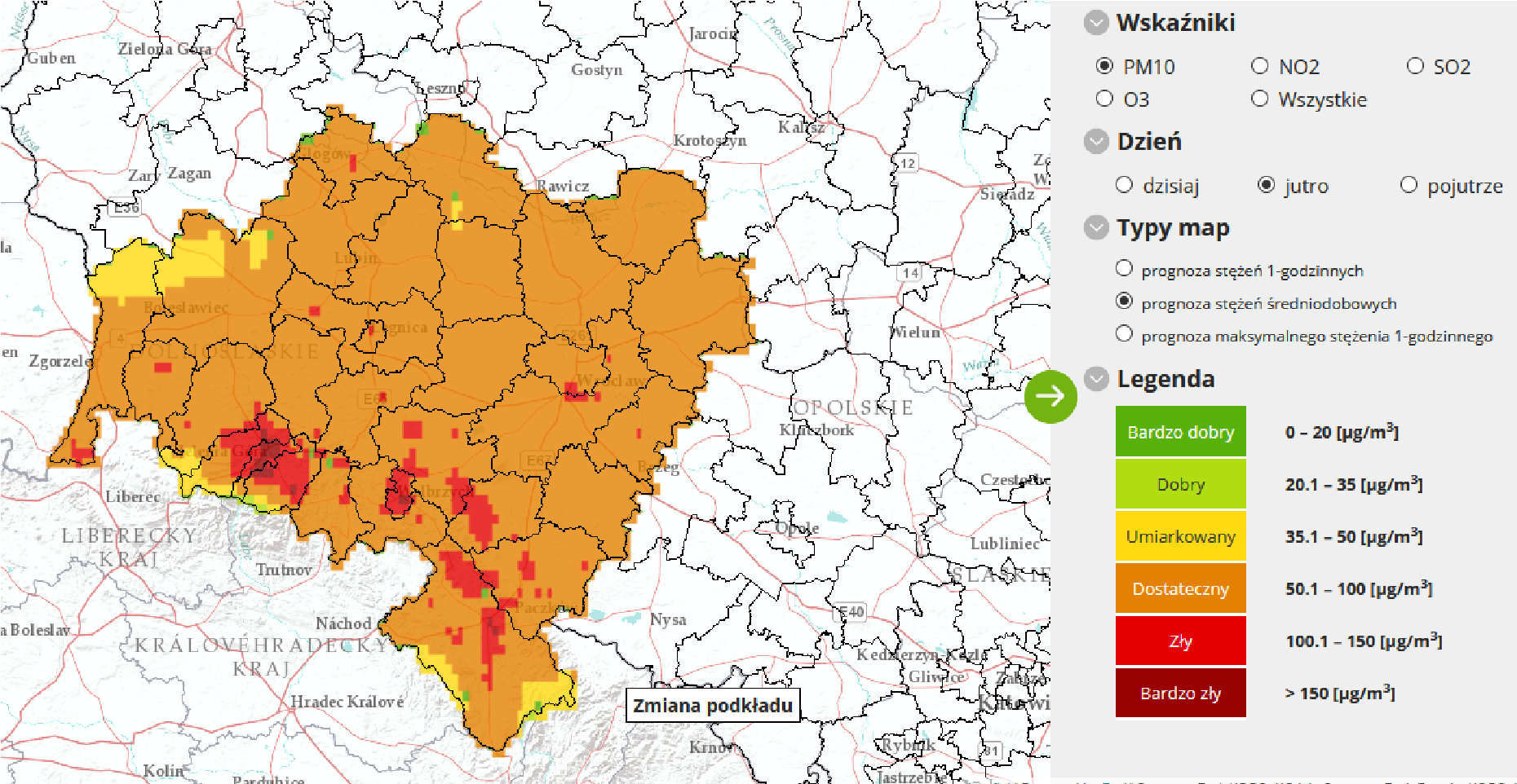 Mapa: Prognoza stężenia pyłów PM-10, Dolnośląskie, 10.02.2021 r.