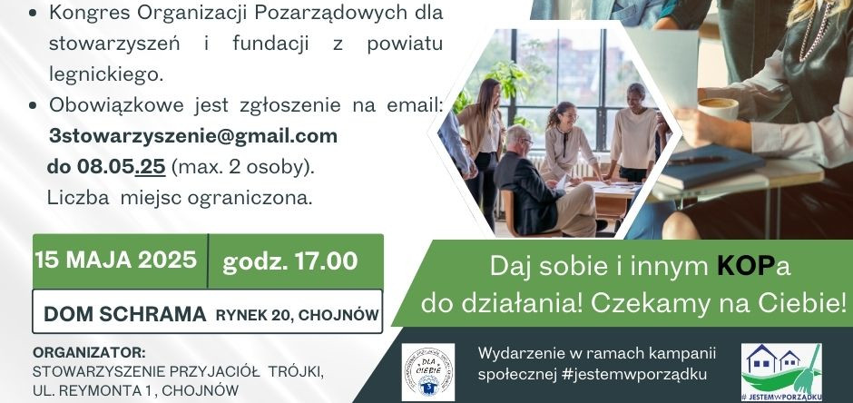 Plakat (kontunuacja): Zapraszamy na Kongres Organizacji Pozarządowych z terenu powiatu legnickiego