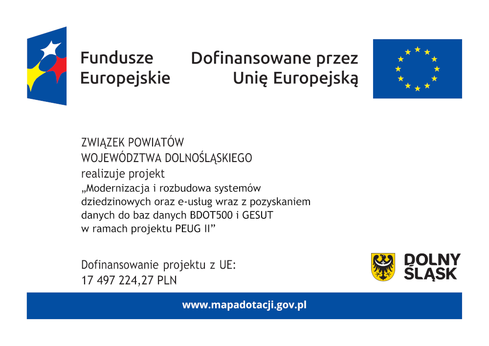 Plakat: Modernizacja i rozbudowa systemów dziedzinowych oraz e-usług wraz z pozyskaniem danych do baz danych BDOT500 i GESUT w ramach projektu PEUG II” realizowany jest przez Związek Powiatów Województwa Dolnośląskiego