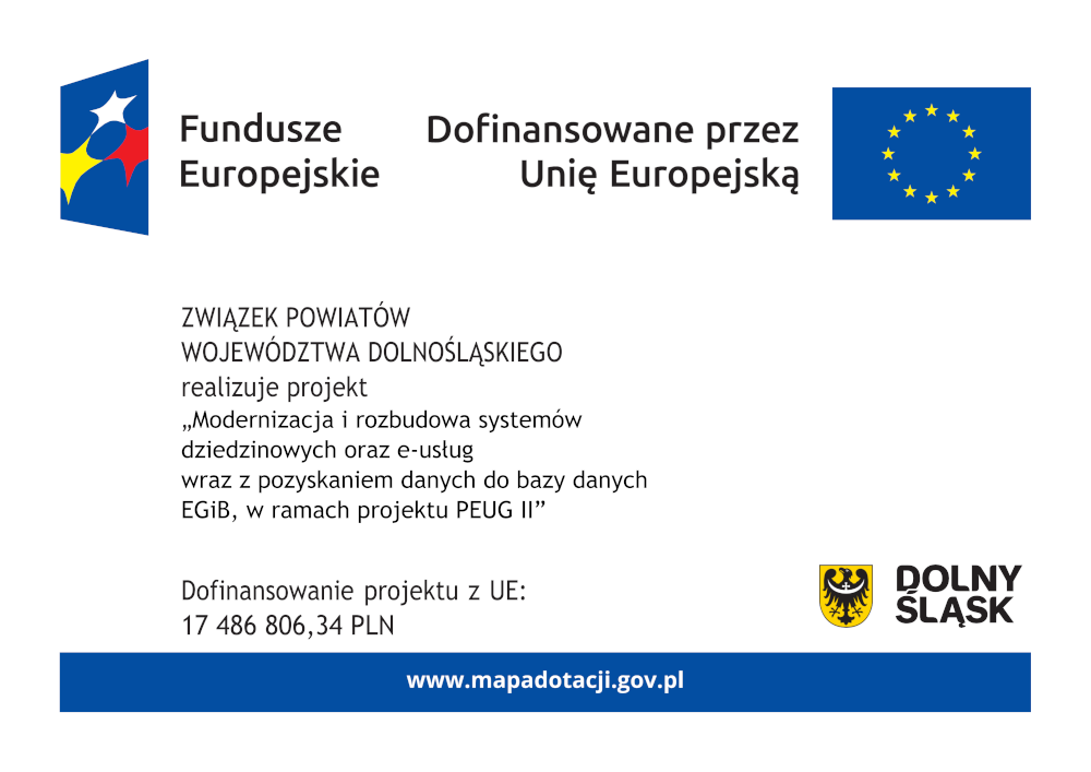 Plakat: Modernizacja i rozbudowa systemów dziedzinowych oraz e-usług wraz z pozyskaniem danych do bazy danych EGiB, w ramach projektu PEUG II